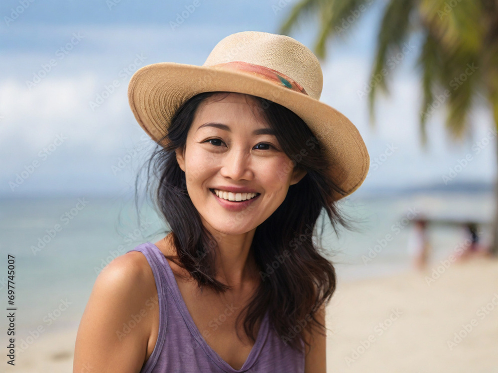 Portrait of a beautiful happy 35 year old woman of Asian appearance wearing a straw hat on the beach