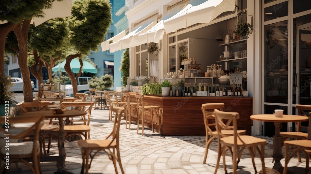 A typical coffee shop with an outdoor setting. Generative AI. A typical coffee shop with an outdoor setting. Generative AI.