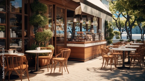 A typical coffee shop with an outdoor setting. Generative AI. photo
