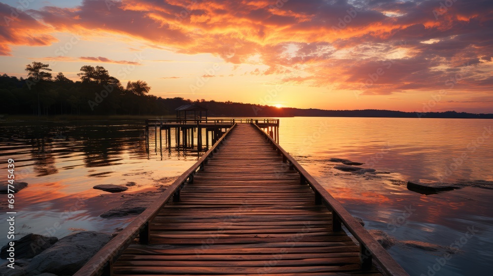 A dock near the water while the sun is setting. Generative AI.