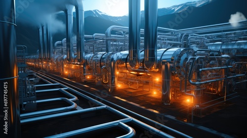 A geothermal energy setting, The advanced machinery and underground heat extraction. Generative AI. photo