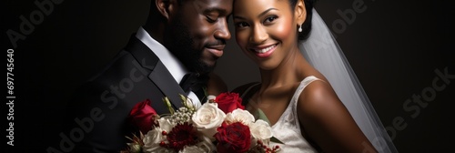 Happy smiling bride and groom, African American wedding couple, banner photo