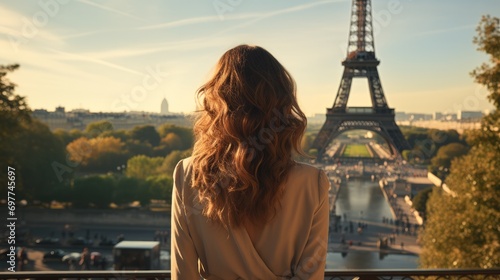 A young woman with medium brown hair stands with her back next to the Eiffel tower. Generative AI.