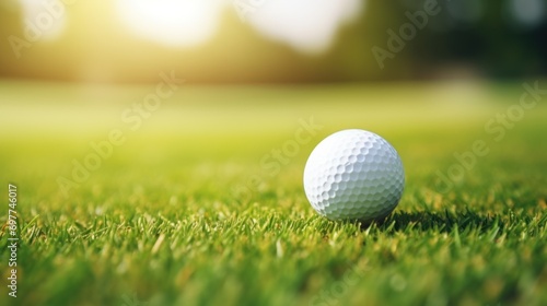 Golf ball on green grass ready to be shot into the hole