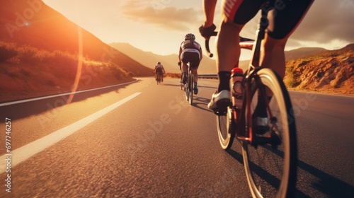 Cyclists riding on the road in the mountains at sunset.