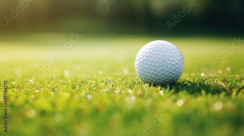 Golf ball on green grass with bokeh background. Golf ball on green grass ready to play.