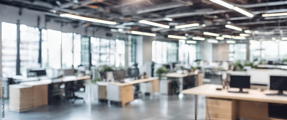 Architectural Brilliance: Blurred Office Space Background with Bokeh Lights, Offering a Contemporary Touch to Business Designs - Blurred Empty Open Space Office - Abstract Light Background