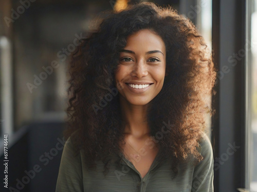 Obraz na płótnie Portrait of a beautiful happy 30 year old Hispanic woman with long hair w salonie