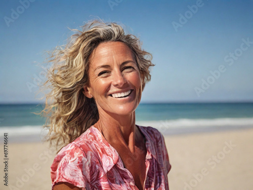 Portrait of a beautiful 40 year old blonde woman on the beach