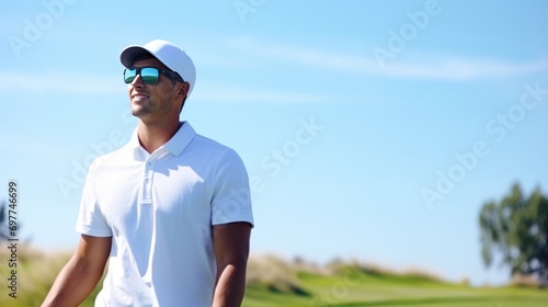 Portrait of a young man playing golf on a beautiful golf course