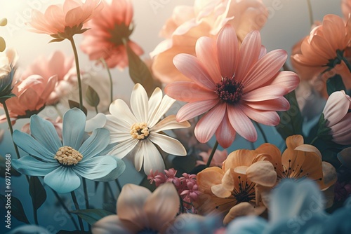 Illustrated pastel flowers in bright light of spring. Generative AI #697746868