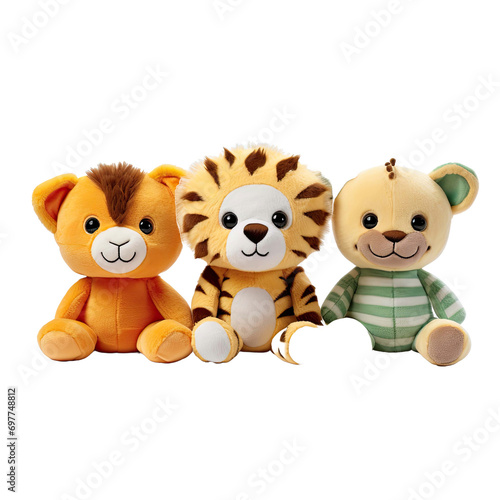 cutout set of 3 stuffed animal toys isolated on transparent background