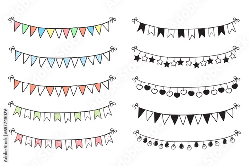 Garland of flags draw. Continuous line drawing of garland. Vector illustration Party flags with doodles for holiday decoration. Line on a transparent background. Hand drawn sketch.Carnival decoration