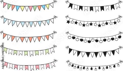 Garland of flags draw. Continuous line drawing of garland. Vector illustration Party flags with doodles for holiday decoration. Line on a transparent background. Hand drawn sketch.Carnival decoration