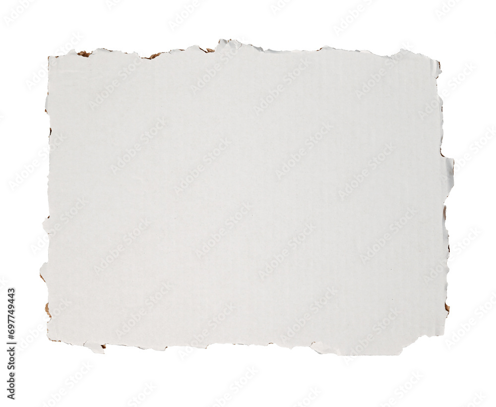 Part of cardboard box with torn rough edges isolated on transparent background. Kraft cardboard texture with copy space. White exterior of the box. Part of cardboard box with torn rough edges isolated on transparent background. Kraft cardboard texture with copy space. White exterior of the box.