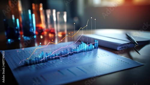 business, financial, finance, graph, investment, growth, stock, analysis, technology, chart. data finance analyzes profitability of working companies with digital augmented reality graphics via AI.