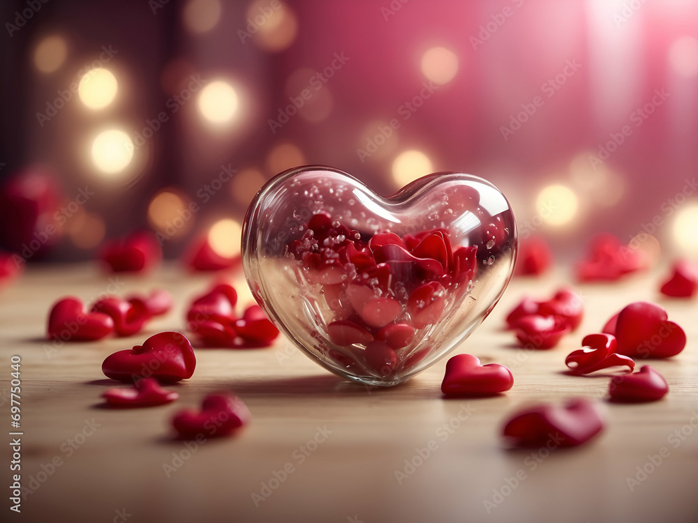 valentine's day background, glass red hearts, glitter, rose petals valentine's day background, glass red hearts, glitter, rose petals