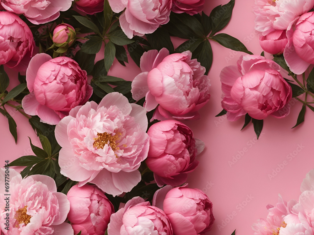 Peonies on a pink background, flowers for women's holiday, March 8 , mother's day Top view on a flat layer with space for your holiday greetings Peonies on a pink background, flowers for women's holiday, March 8 , mother's day Top view on a flat layer with space for your holiday greetings