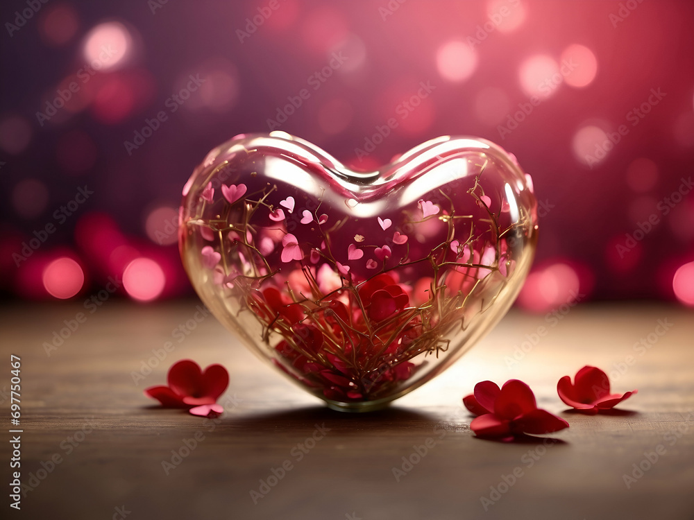 valentine's day background, glass red hearts, glitter, rose petals valentine's day background, glass red hearts, glitter, rose petals