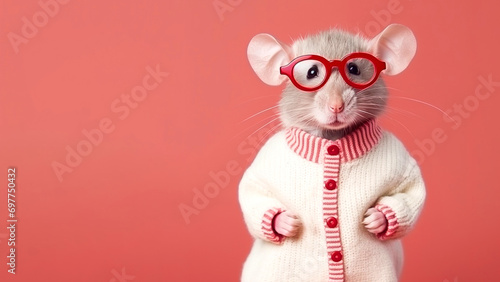 Cute cartoon anthropomorphic mouse wears a red sweater and glasses, banner with copy space for text photo