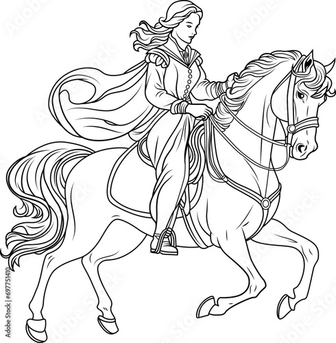 Girl riding a horse outline illustration