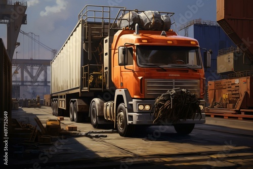 Cargo handler vehicle in shipping yard. Generative AI