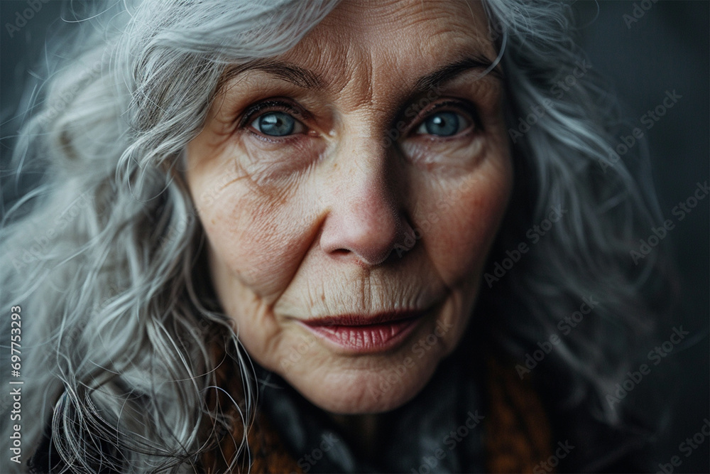 close-up portrait of a gray-haired eighty-year-old beautiful woman looking sadly at the camera, beautiful old age close-up portrait of a gray-haired eighty-year-old beautiful woman looking sadly at the camera, beautiful old age