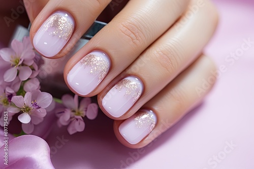 Beautiful well-groomed hands of the bride with modern manicure, nail design for the bride