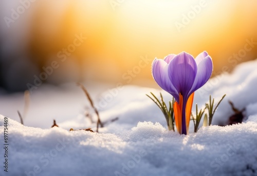beautiful spring flowers crocuses spring break out from under the snow. © Dzmitry Halavach