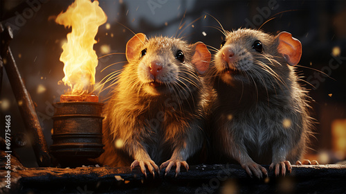 two city rats against the backdrop of a burning fire. fictional plot.  photo