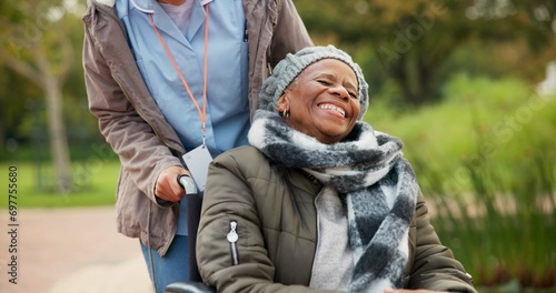 Nurse, peace and park with old woman in a wheelchair for retirement, elderly care and physical therapy. Trust, medical and healthcare with african patient and caregiver in nature for rehabilitation