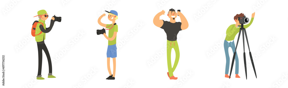Professional Photographer with Camera Take Photo Vector Set Professional Photographer with Camera Take Photo Vector Set