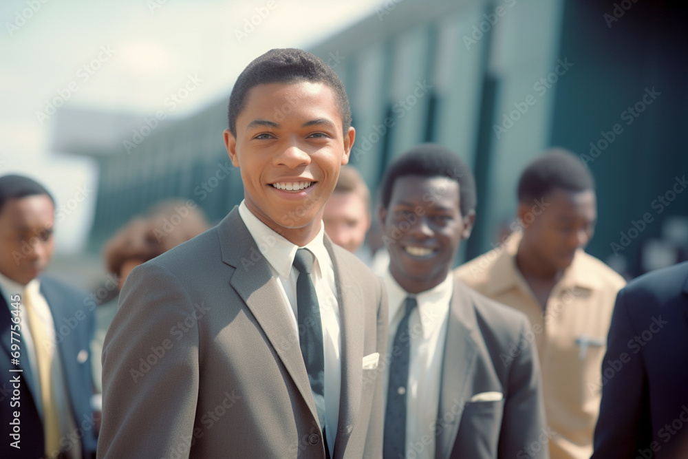 Retro style African American from 1960s walking to work with beautiful old-fashioned clothes. Retro style African American from 1960s walking to work with beautiful old-fashioned clothes.