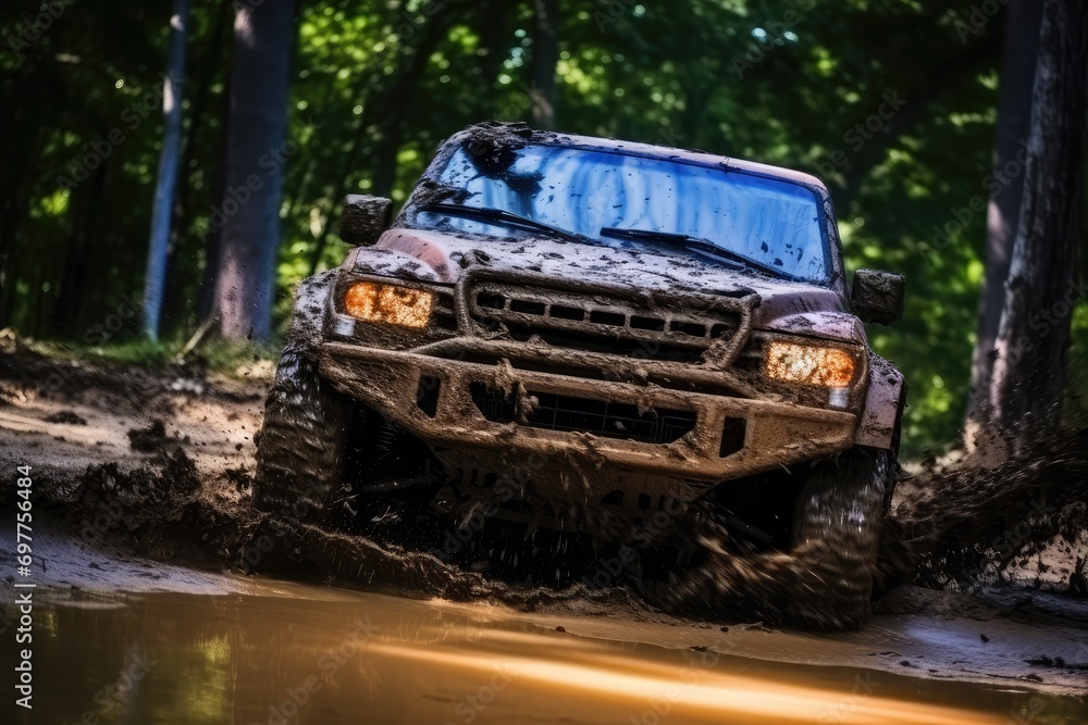 Off Road Vehicle Coming out of a Mud Hole Hazard, Generative AI Illustration Off Road Vehicle Coming out of a Mud Hole Hazard, Generative AI Illustration