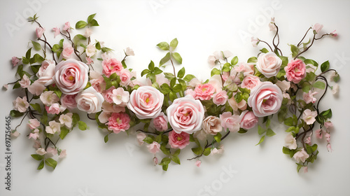 Set of pink peonies isolated on white. Pink flowers with leaves and bouquet of peonies. AI generative.