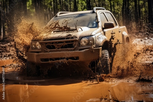 Off Road Vehicle Coming out of a Mud Hole Hazard  Generative AI Illustration