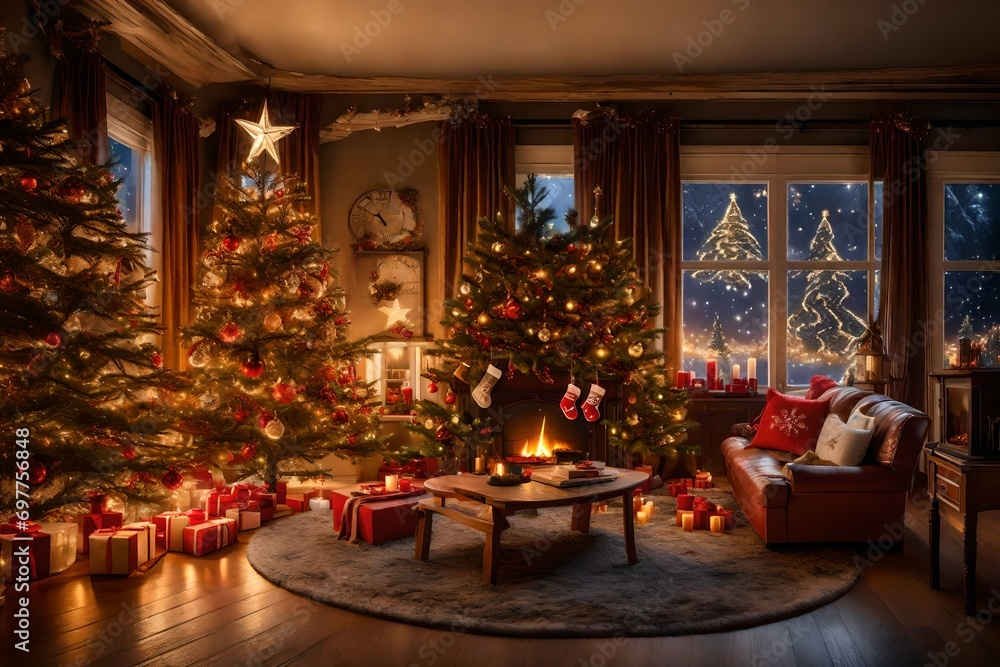 A cozy Christmas living room adorned with twinkling lights, crackling fireplace, and a lavishly decorated tree A cozy Christmas living room adorned with twinkling lights, crackling fireplace, and a lavishly decorated tree