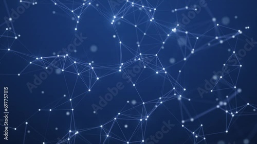 Dots and lines in the center blur in slow motion with a dark blue background, cybersecurity, and network wireframe technology background, polygons dot network connection. Plexus lines and points