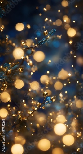 new year celebration Lights Wallpaper: Festive Holiday Glow in Gold and Blue, Bokeh Effect Art, Elegant Christmas and new year Scene,