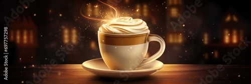Coffee with foam and steam on white cup standing on wooden table on dark background with blurred night city landscape. Cappuccino or latte. Hot mourning drink. Banner with copy space photo