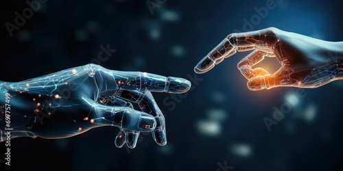 Hands of robot and human touching on big data network connection background, Science and artificial intelligence technology, innovation and futuristic