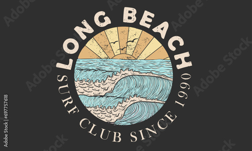 Palm tree retro print artwork. Long beach. Summer vibes. Surfing wave graphic print design for t shirt print, poster, sticker and other uses. Enjoy beach life. Sunny day at the beach. Ocean wave.
