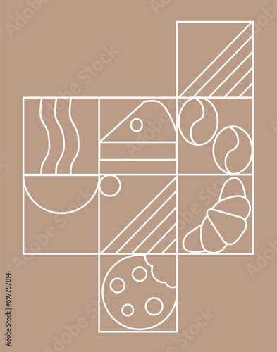 Coffee linear print. Pattern with coffee theme in geometric minimalistic style. Abstract shapes. Illustration for cover design, food package, menu, background, café wall, coffee shop, banner