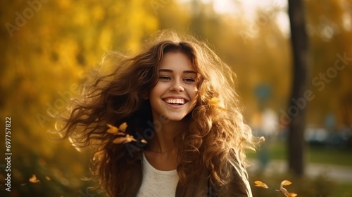 Portrait of beautiful young woman with long curly hair in autumn park