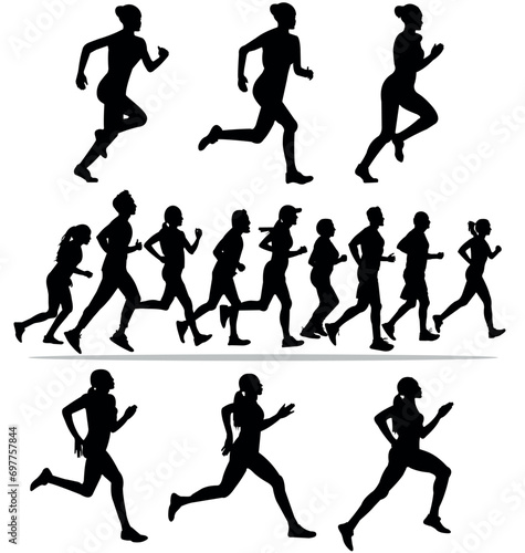 Set of People running silhouette, running contest