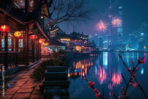 Houses on the waterfront, which are decorated with traditional Chinese paper lanterns, colorful fireworks exploding over Chinese skyscrapers in Shanghai on New Year