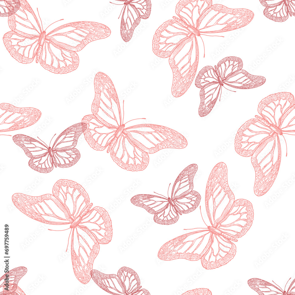 Seamless vector pattern with pink graphic butterflies hand-drawn on a white background. Light delicate summer pattern for printing on fabric, paper, scrapbooking, notebooks