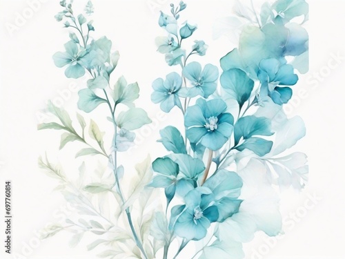 Watercolor illustration of wildflowers  plants  and leaves. Pastel green and blue colors on a white backround. Floral border.