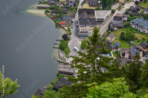 View of the city of Hallstatt and Lake Hallstattersee from a mountain in Austria
