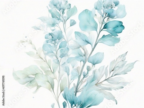 Watercolor illustration of wildflowers, plants, and leaves. Pastel green and blue colors on a white backround. Floral border.